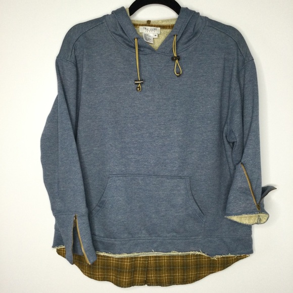 Tru Luxe Layered Hoodie with Zippered Sleeves Blue Denim Flannel Size Medium - Picture 7 of 7